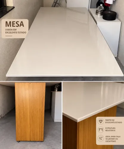 Mesa MDF com tampo bege de vidro. 