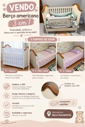Berço 3 em 1 vira cama quater em madeira e Mdf