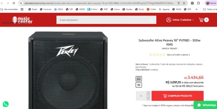 Caixa Subwoofer Ativo Peavey 18" PV118D - 300w RMS
