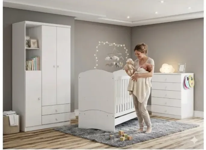 Quarto de bebê, berço, guarda roupa e cômoda na caixa, contato *