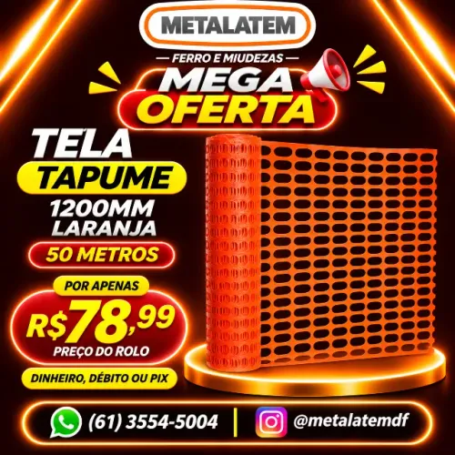 TELA TAPUME PLÁSTICA LARANJA 1,20M X 50 METROS - SINALIZAÇÃO E PROTEÇÃO