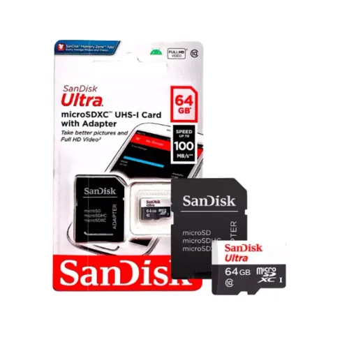 CARTÃO DE MEMORIA 64 GB MICRO SD COM ADAPTADOR SD 80 MBPS CLASSE 10 SANDISK ULTRA