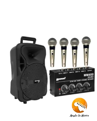 KIT CAIXA CA80 C/ Mixer De Audio Compacto + 4 Microfones Dls-8