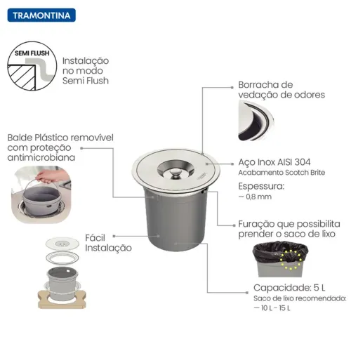 Lixeira Clean De Embutir 5l Redonda Aço Inox Tramontina