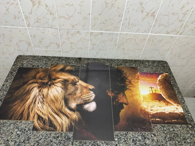 Quadro Decorativo 5 Peças - Leão e Jesus