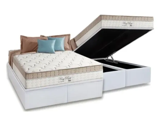 Colchão Queen King Best D28 + Base Box Baú Corino Anjos + Alto Nível