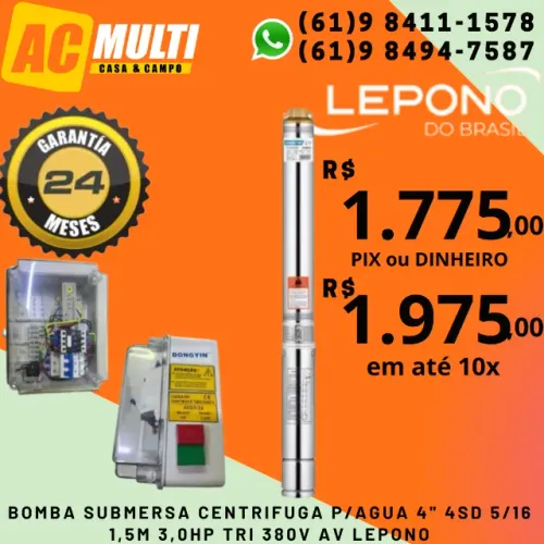 BOMBA SUBMERSA CANETA/PALITO P/AGUA 4" 4SD 5/16 1,5m 3,0HP TRI 380V av LEPONO