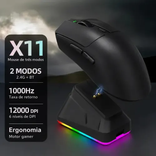 Mouse Gamer Sem Fio X11 Ultra Light - 2.4G + Bluetooth, 12000 DPI, Recarregável, RGB, 1000
