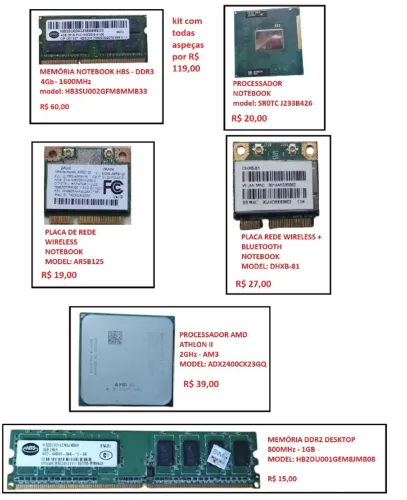 Processador, memória ram, wireless, bluetooth, wifi, notebook, computador, peças