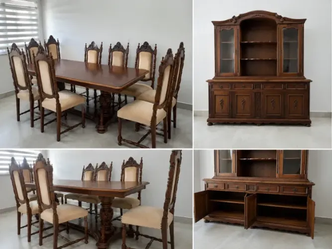 Conjunto de Sala de Jantar Clássico Entalhado - Mesa + 8 Cadeiras + Cristaleira