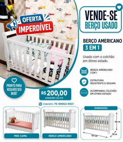 Oferta Imperdível: Berço Americano 3 em 1 USADO