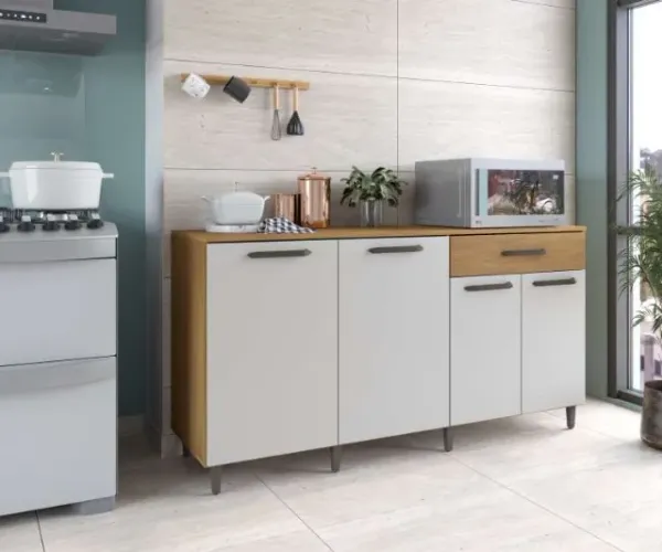 Balcão de Cozinha Veneza Plus 4Pts 1Gv Freijó/Off White Moveis Parana - Entrega Rápida!