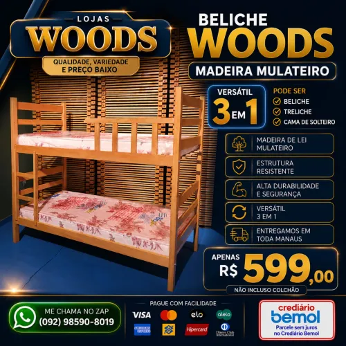 Beliche Madeira R$ 599,00 3 em 1 Beliche Treliche e Cama de Solteiro
