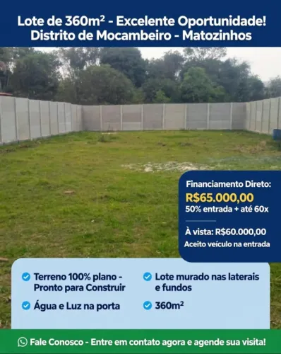 Vendo lote de 360 m², murado nos fundos e lados, pronto para construir.