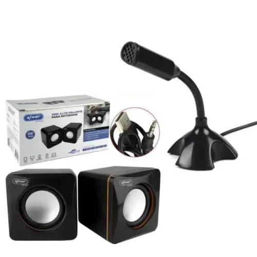 Kit microfone de mesa USB flexível + par de caixas de som para PC