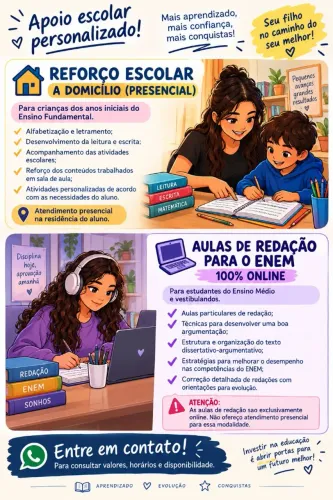 Aulas de Reforço Escolar a Domicílio e Redação ENEM Online