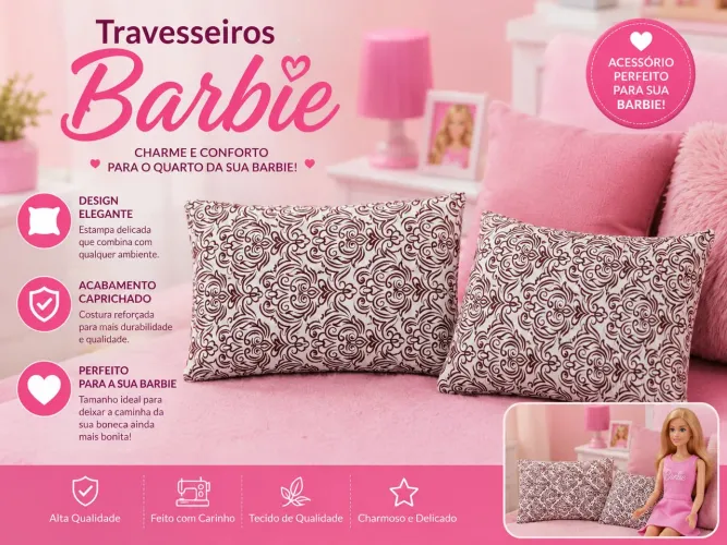 E travesseiros para boneca Barbie/Ken - Novos