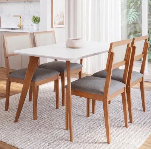 Conjunto Mesa de Jantar Valença 130 com Vidro e 4 Cadeiras Linho Cinza Grafite