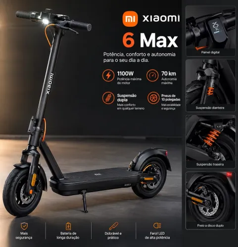 Scooter elétrico Xiaomi 6 Max 1100w, autonomia máxima, 70 km, suspensão dupla - NOVO 