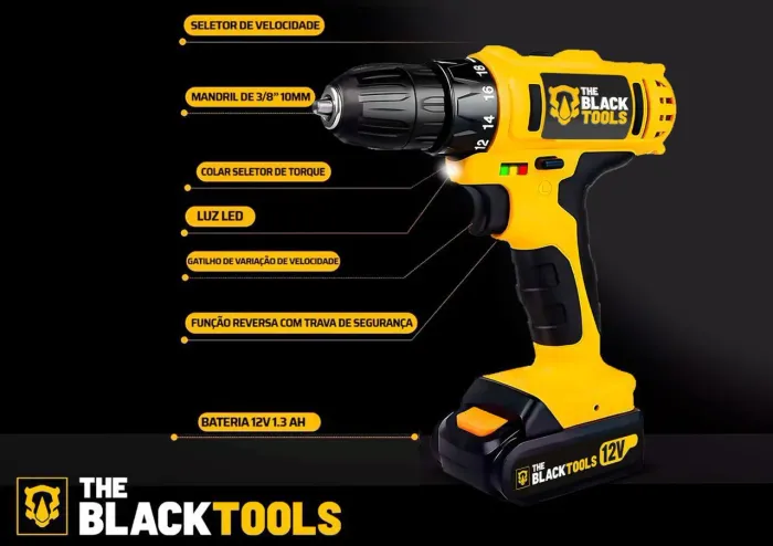 Furadeira e Parafusadeira Portátil Recarregável The Black Tools
