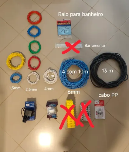 Cabos de energia disjuntores barramento tomadas interruptores fonte ralo