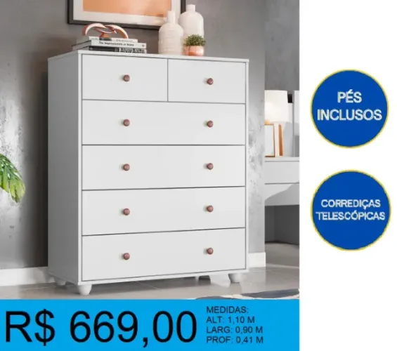 Cômoda com corrediças telescópicas e puxadores cor bronze - design elegante