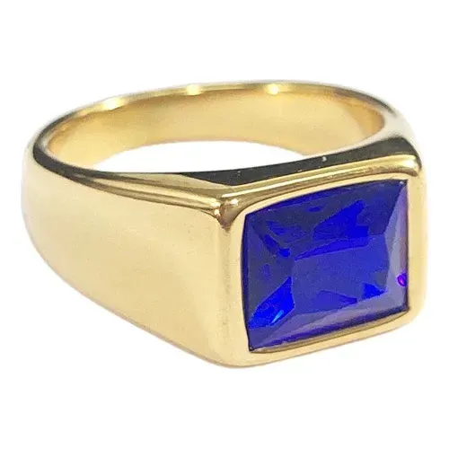 anel masculino formatura colaçao pedra azul aço inox 316l dourado