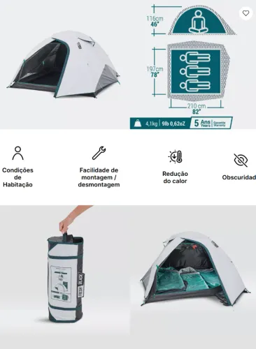 Barraca de Camping 3 Pessoas Fresh & Black MH100 Quechua Branca e Cinza (Nova. Usada 2x)