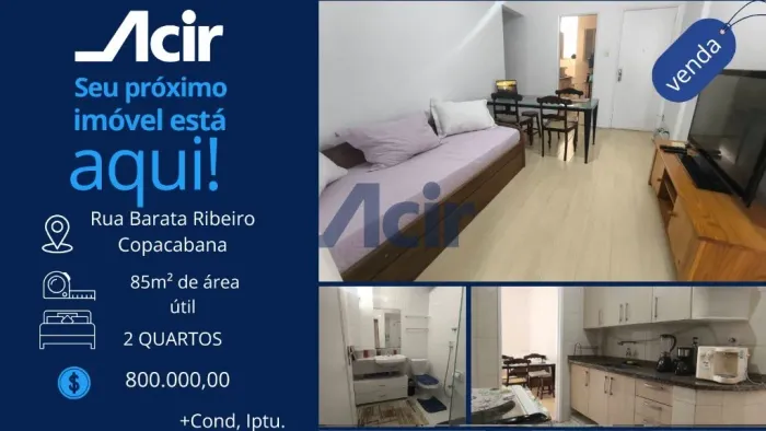 ACIR ADMINISTRADORA- APARTAMENTO BARATA RIBEIRO C/ CONSTANTE RAMOS | 85m² | SILENCIOSO | 2