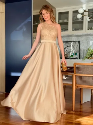 Vestido de Festa Longo Dourado/Champagne