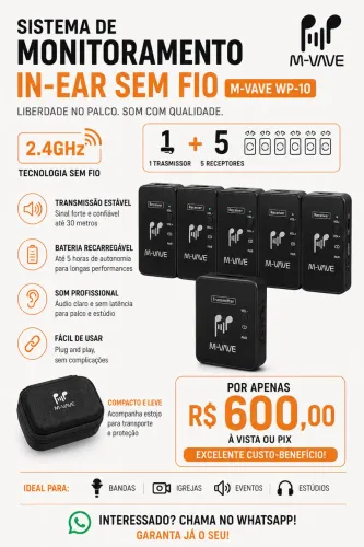 Sistema de Monitoramento In-Ear Sem Fio M-Vave WP-10 Preto 2.4GHz