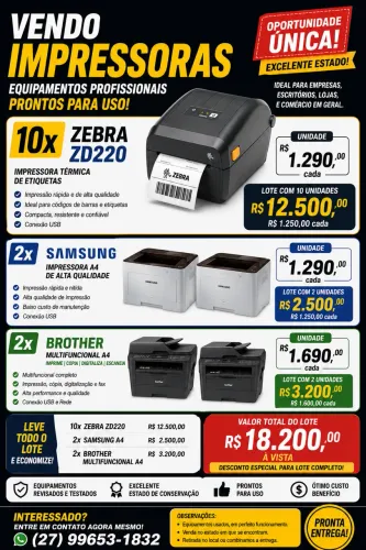 ? Impressoras Zebra ZD220, Brother Multifuncional e Samsung A4 - Excelente Estado!