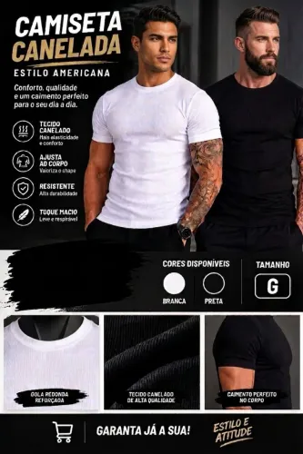 Camiseta básica canelada em poliéster com elastano 