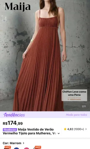 Vestido Plissado Longo Marrom