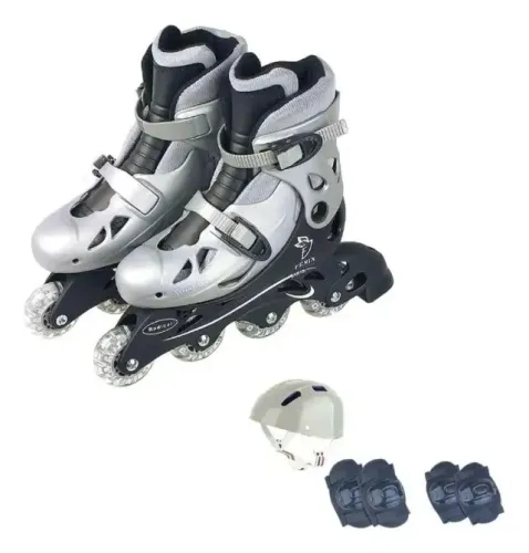Patins Roller Inline Completo C/kit Proteção Adulto Infantil Cor Cinza Claro 