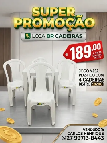 4 CADEIRA PLÁSTICO COM MESA 70X70 - CONJUNTO COMPLETO