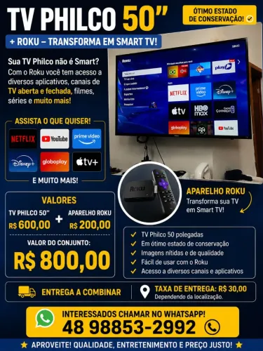 TV Philco 50" + Roku (Transforma em Smart TV) - R$ 800,00