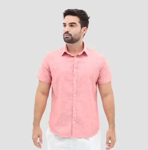 Camisa Masculina Manga Curta com Botão - Slim Fit Linho Leve Vermelho