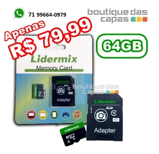 Cartão de memória Micro SD + adaptador Lidermix class 10 64GB para celular