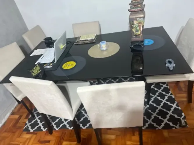 Mesa de jantar retangular tampo de vidro c 3 cadeiras