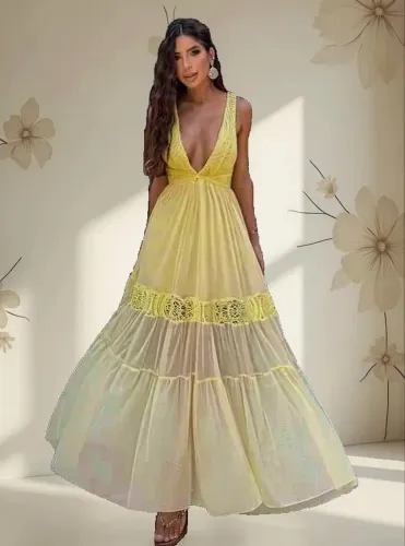 Vestido Longo Decote V Três Marias Malha Tricot Tule Flórida