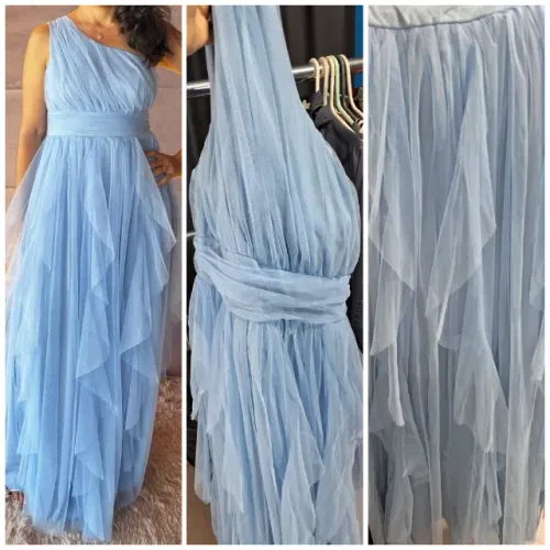 Vestido de Festa Voal Azul Serenity com Babados Tamanho M