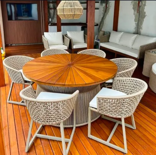 CONJUNTO MESA PARA VARANDA COM TAMPO DE MADEIRA