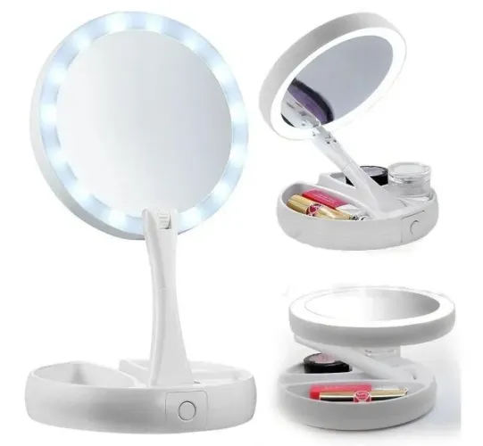 ESPELHO DUPLO COM LENTE DE AUMENTO EM 10X COM LED ENERGIA E PILHA