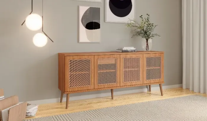 Buffet 100% MDF com Portas em Telas + 1 Gaveta + Pés em Madeira