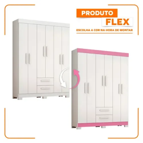 Guarda Roupa NT 6015 6Pts 2Gvs Branco ou Rosa Flex Notavel - Entrega Rápida!