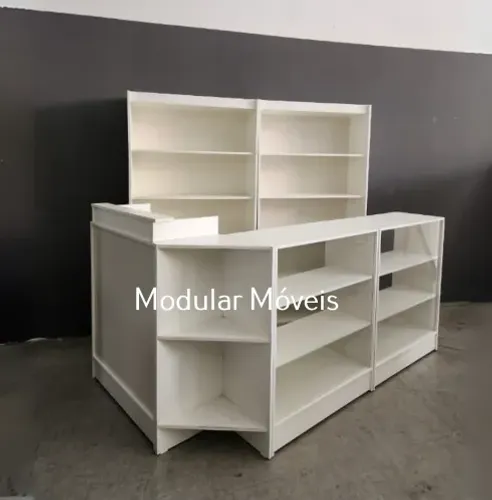 Balcão Caixa em L + 2 Vitrines + 2 Estantes Prateleiras - MDF Branco