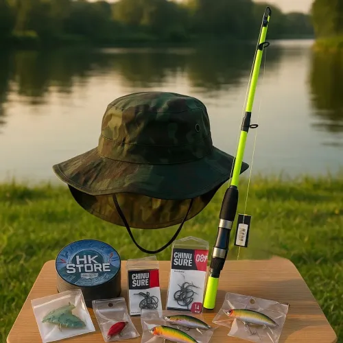 kit pesca com vara 1.5 mts, iscas artificiais,  com anzol, linha e chapeu