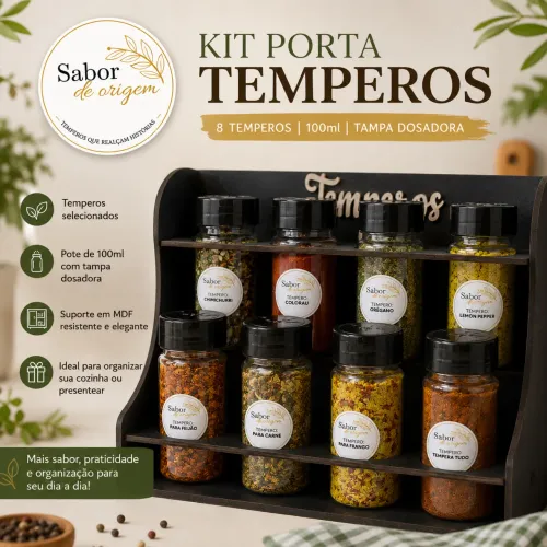 Kit Porta Temperos em MDF com 8 Temperos + Potes de 100ml