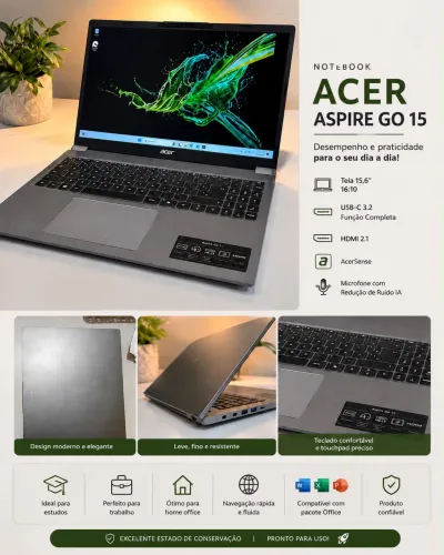 Vendo notebook ACER ASPIRE GO 15, 256gb 8 ram, tela 15,6? 16:10 função completa.